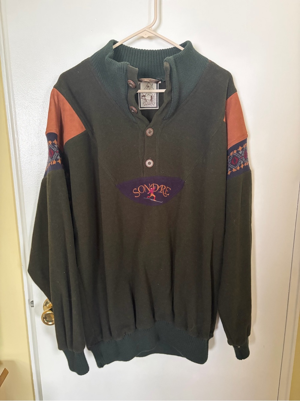 Vintage Sondre Wool Green Men's Button-Neck Sweater
